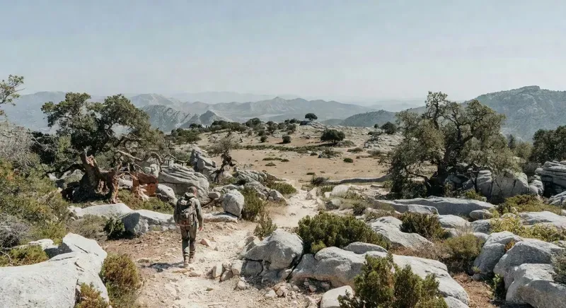 Hiker on a limestone ridge overlooking the Supramonte mountains and Gulf of Orosei in Sardinia