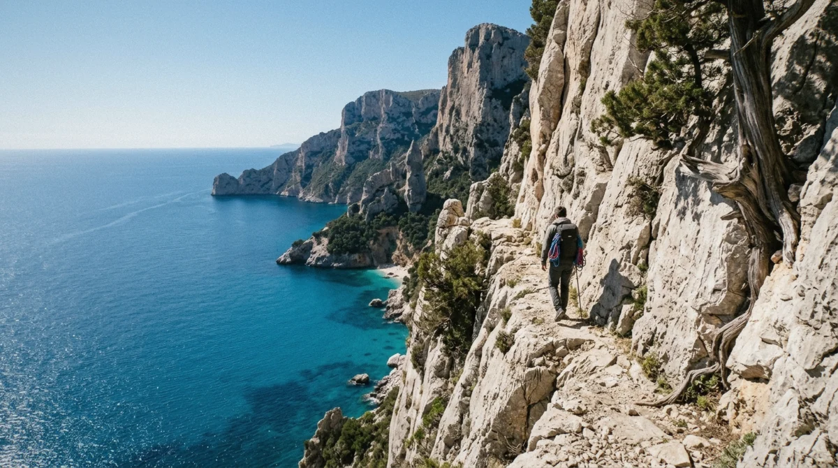 Hiker navigating a rocky coastal cliff trail high above the sea along the Gulf of Orosei in Sardinia