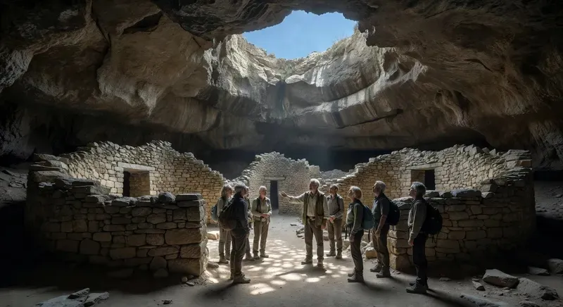 Ancient Nuragic stone village ruins inside the Tiscali cave in Sardinia — circular dwelling walls inside a collapsed limestone cavern on a sardinia hiking trail