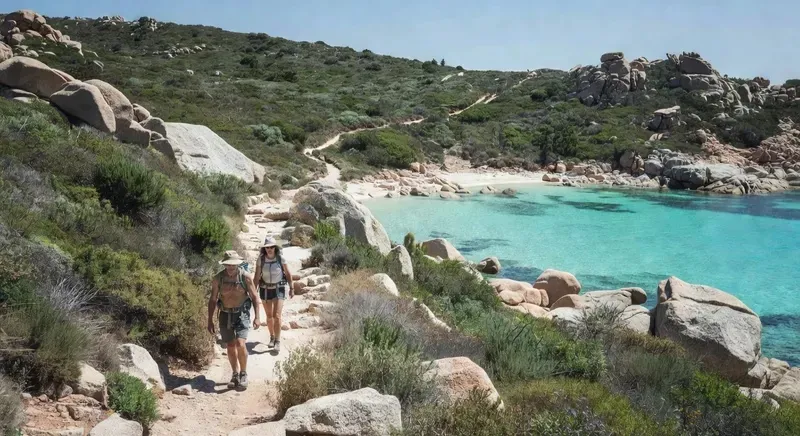 Two hikers on a rocky coastal trail on Caprera Island looking down at the turquoise water of Cala Coticcio on a sardinia hiking tour in La Maddalena Archipelago