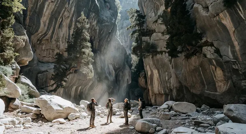 Small group of hikers inside the Gorropu canyon in Sardinia with towering 400-metre limestone walls on a guided sardinia hiking tour from Cala Gonone