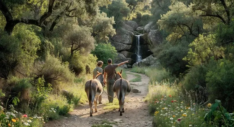 Family hiking with friendly donkeys through green countryside in Cargeghe on a guided sardinia hiking tour near Sassari in northern Sardinia