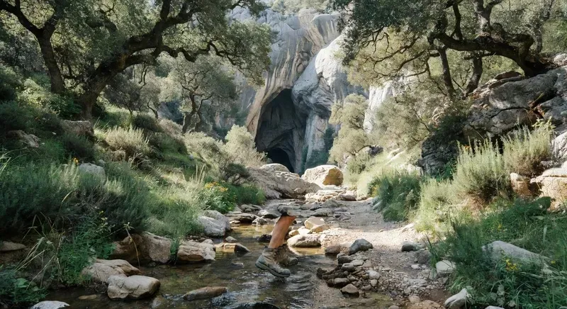 Hiker wading through the Flumineddu river into the entrance of the Gorropu gorge on a full-day sardinia hiking tour from Dorgali with panoramic canyon views