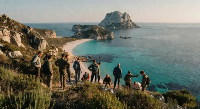 Jeep hiking tour group at the Pala di Monti panoramic viewpoint above San Teodoro with the turquoise Gallura coast visible below on a sardinia hiking tour in northeastern Sardinia