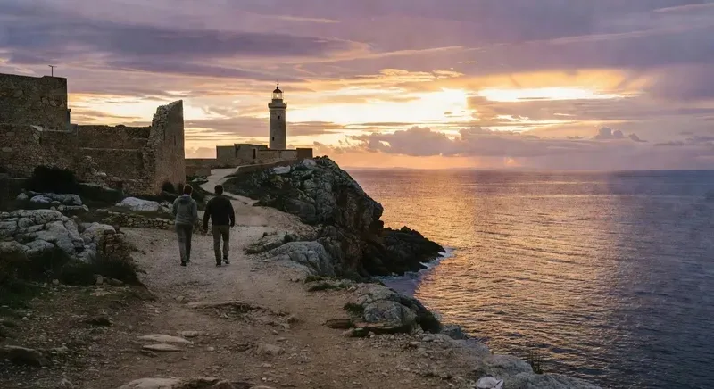 Couple watching the sunset from the Capo Sant Elia lighthouse trail above Cagliari with the Gulf of Angels below on a guided sardinia hiking tour at sunset