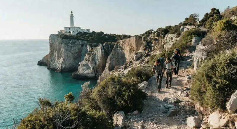 Hiker on a coastal cliff path in Porto Conte Natural Park near Alghero with the Capo Caccia lighthouse visible across the bay on a sardinia hiking tour in northwest Sardinia